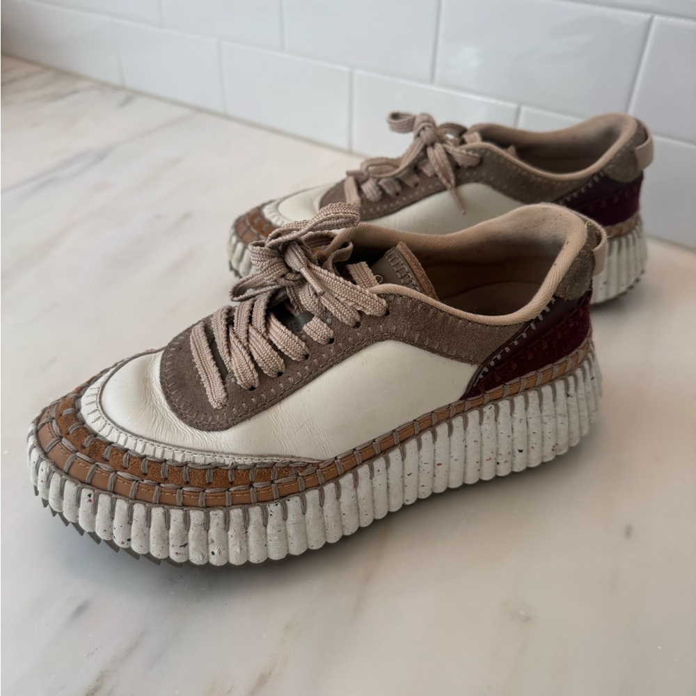 Chloe Nama Leather and Suede Women's Sneakers in White, Brown, and Tan EU37